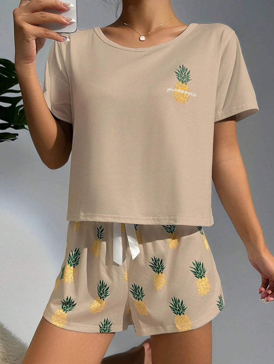 Pineapple Print Tee And Shorts Set-Soco Hoodie
