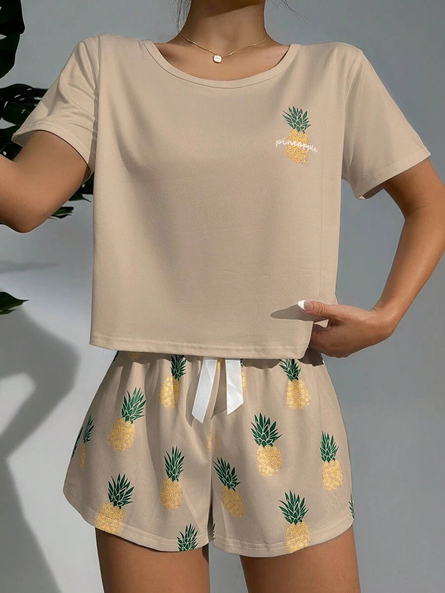Pineapple Print Tee And Shorts Set-Soco Hoodie