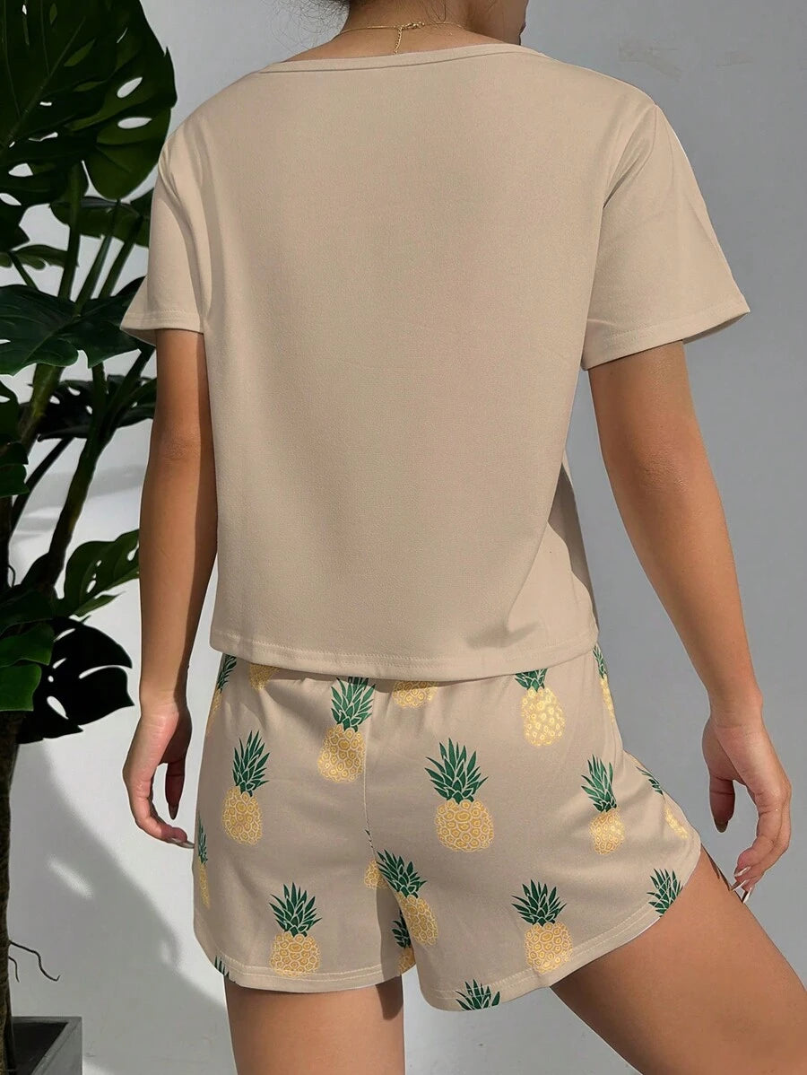 Pineapple Print Tee And Shorts Set-Soco Hoodie