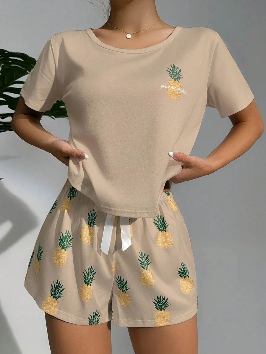Pineapple Print Tee And Shorts Set-Soco Hoodie