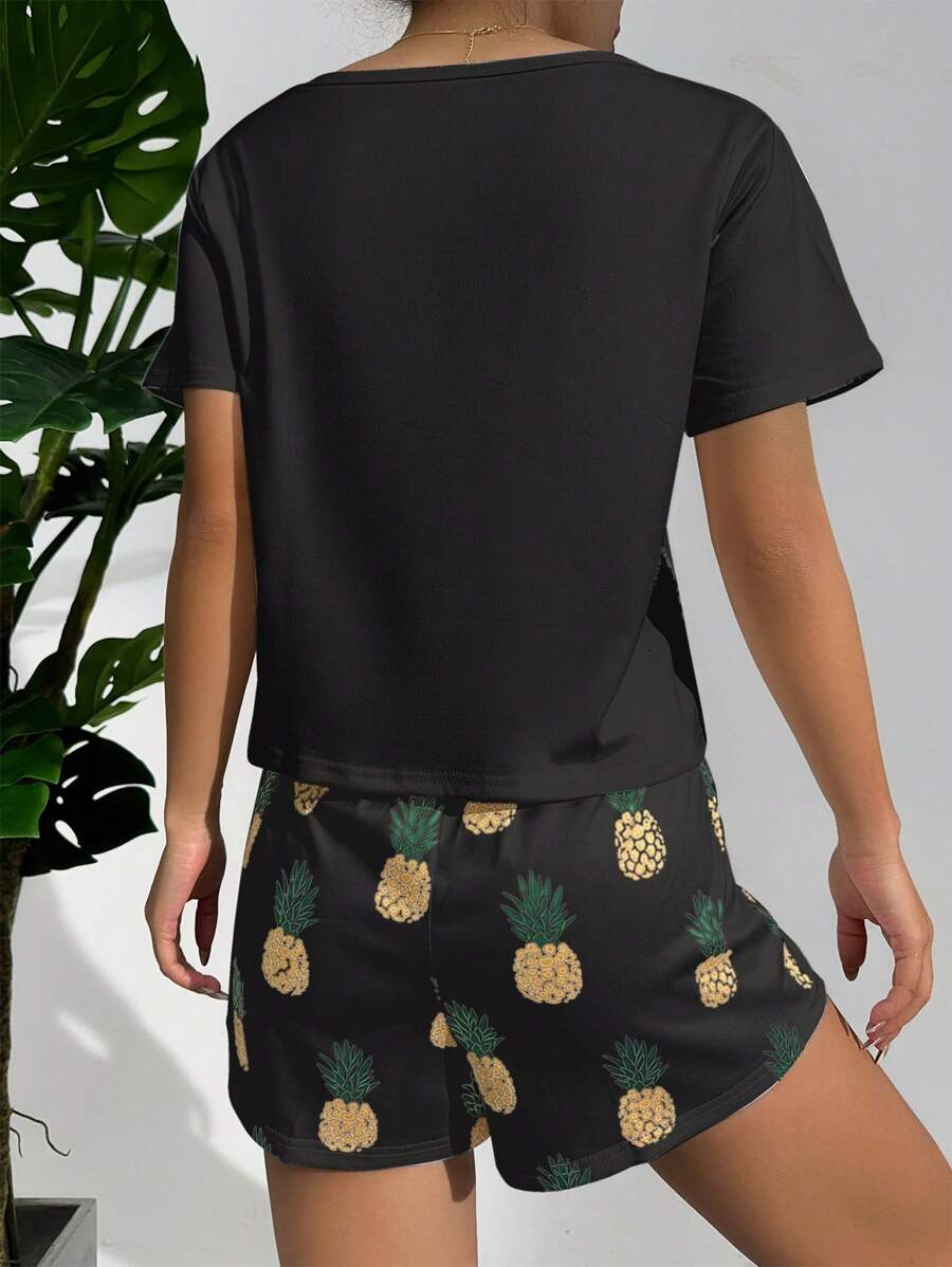 Pineapple Print Tee And Shorts Set-Soco Hoodie