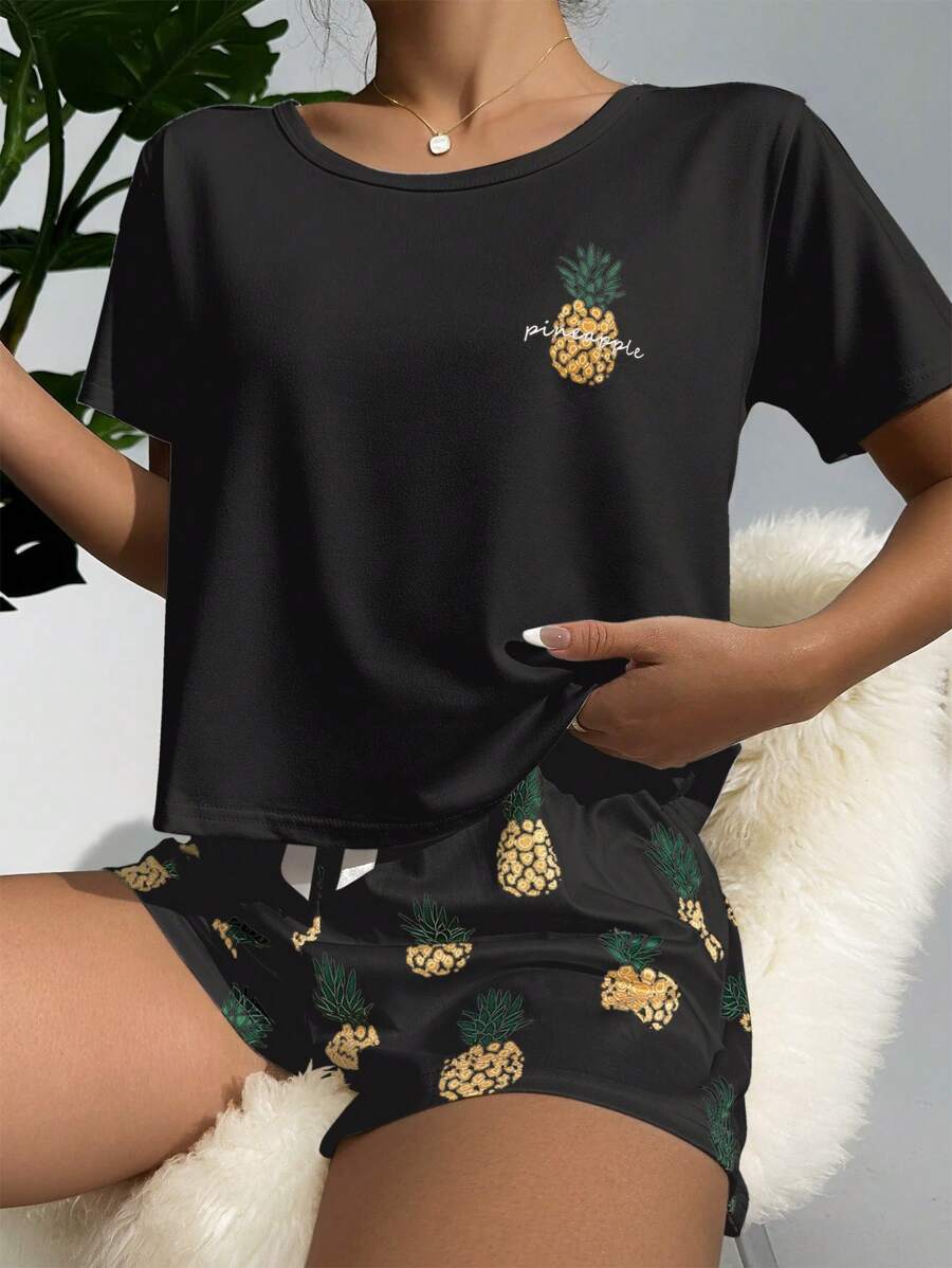 Pineapple Print Tee And Shorts Set-Soco Hoodie