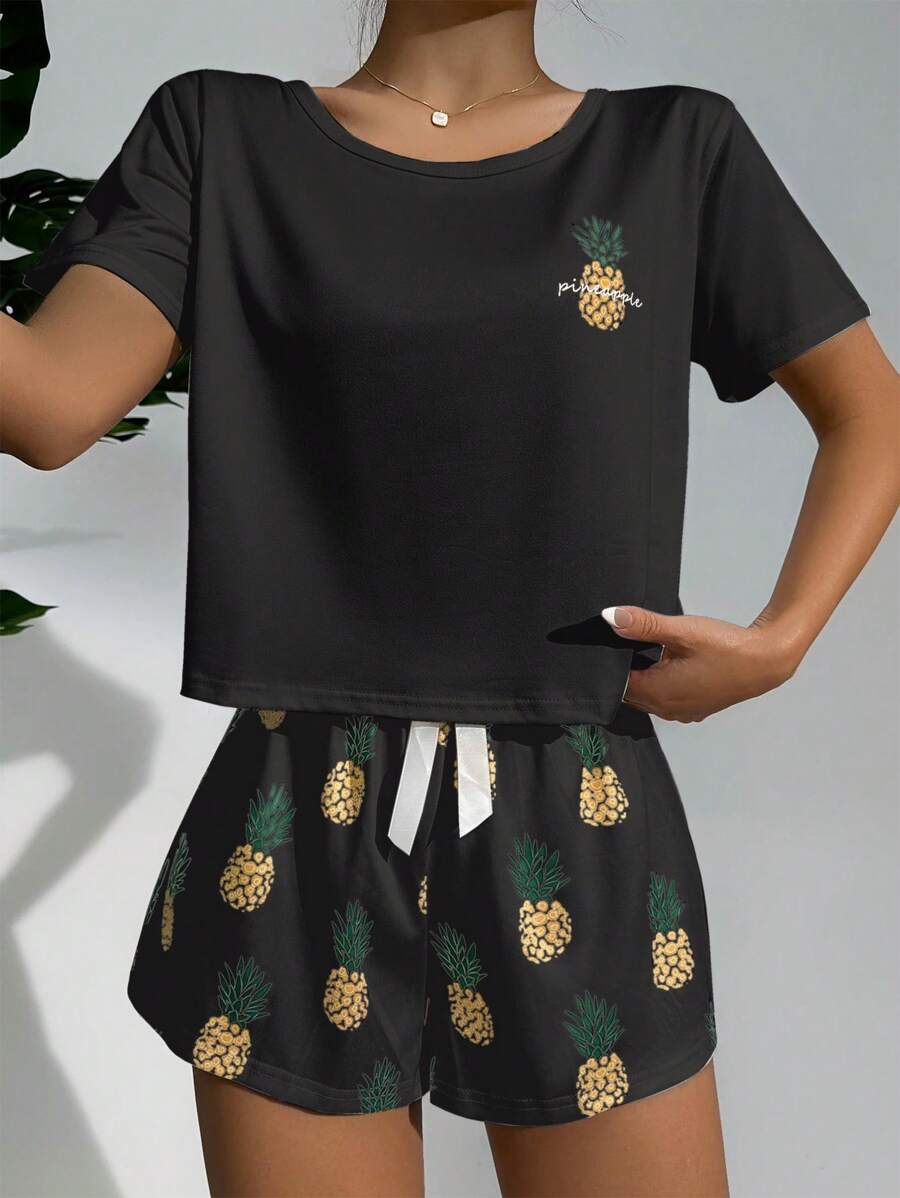 Pineapple Print Tee And Shorts Set-Soco Hoodie