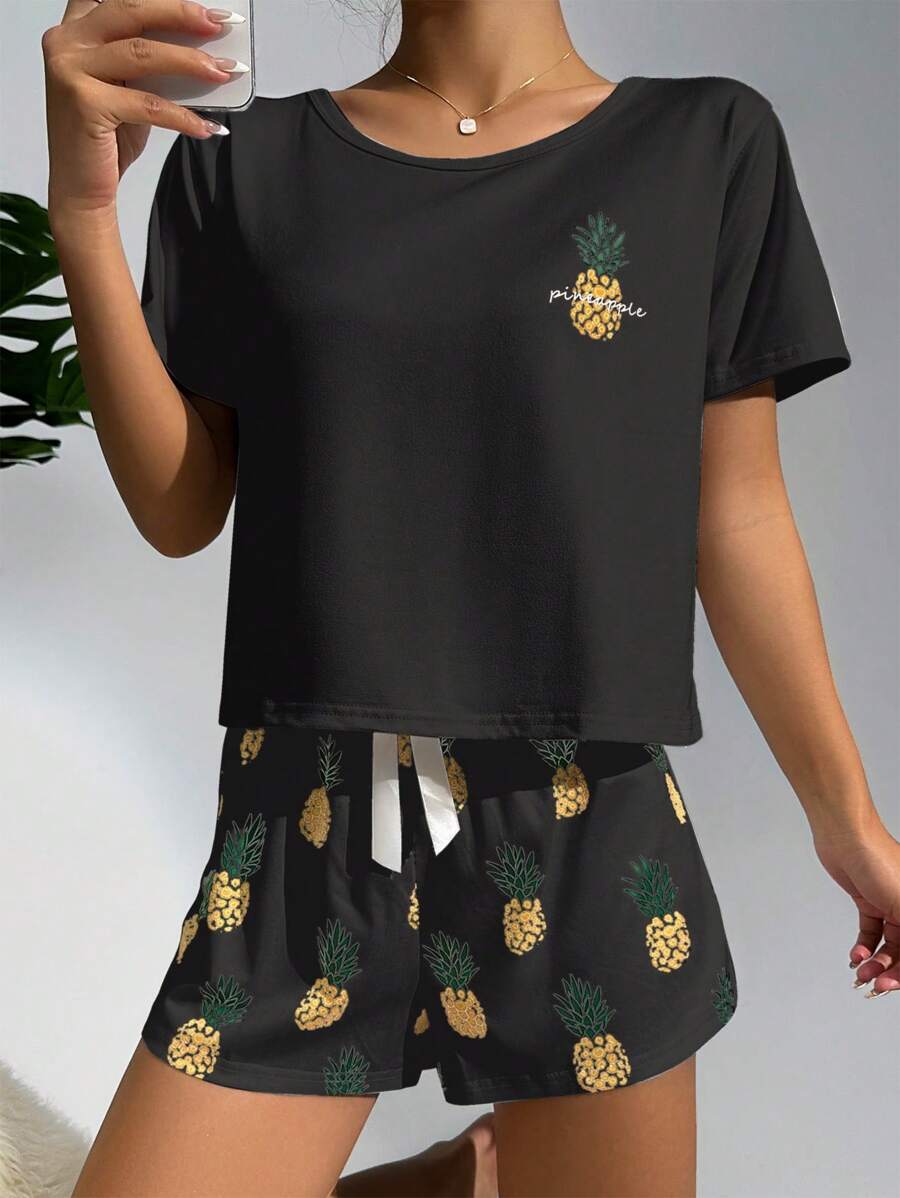 Pineapple Print Tee And Shorts Set-Soco Hoodie