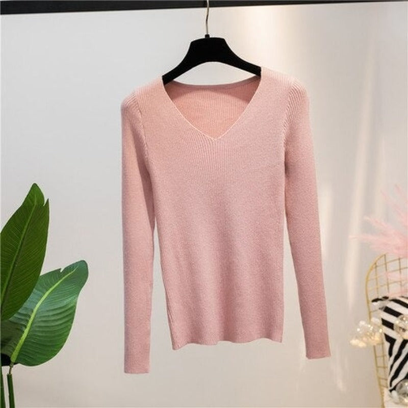 V-Neck Knitted Long-Sleeved Slim Tight Pullover For Women-Soco Hoodie