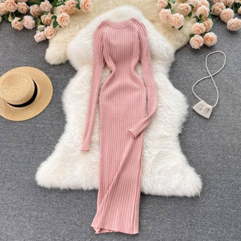 O-Neck Elastic Warm Knitted Sweater Dress-Soco Hoodie