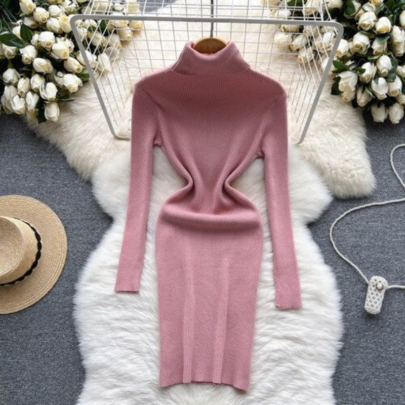 Long Sleeves Turtleneck Sheath Sweater Dress For Women-Soco Hoodie