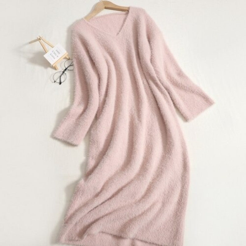Warm V-Neck Long Bottomed Knitted Sweater Dress For Women-Soco Hoodie