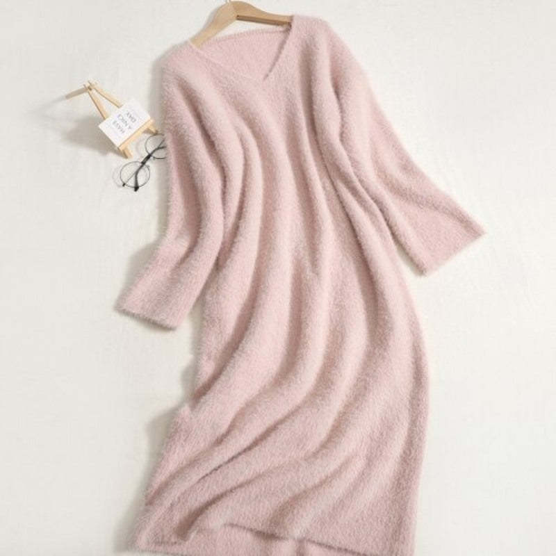 Warm V-Neck Long Bottomed Knitted Sweater Dress For Women-Soco Hoodie