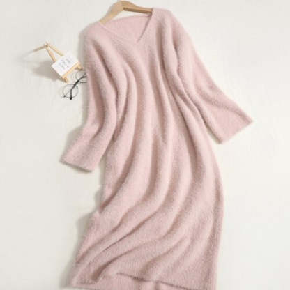 Warm V-Neck Long Bottomed Knitted Sweater Dress For Women-Soco Hoodie