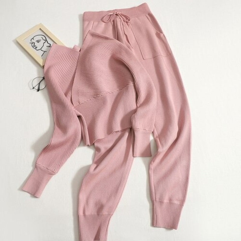 Casual V-Neck Waist Knit Women Sweater Set-Soco Hoodie