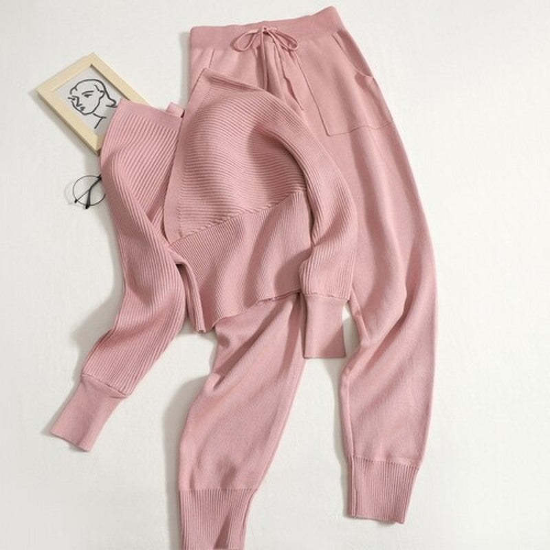 Casual V-Neck Waist Knit Women Sweater Set-Soco Hoodie