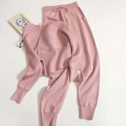 Casual V-Neck Waist Knit Women Sweater Set-Soco Hoodie