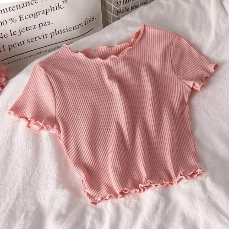 Korean Slim Curl Short Stripe T-Shirts For Women-Soco Hoodie