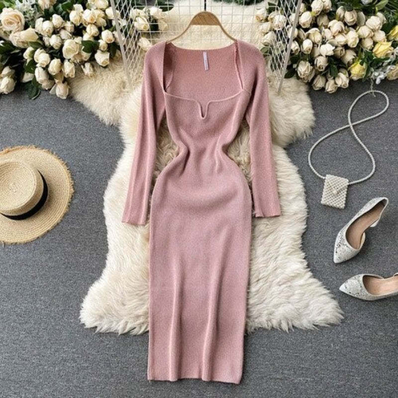Elegant Low Neck Long Sleeve Dress For Women-Soco Hoodie