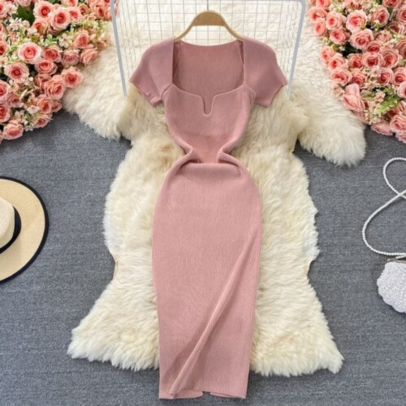 Knitted Square Neck Short Sleeve Dress For Women-Soco Hoodie