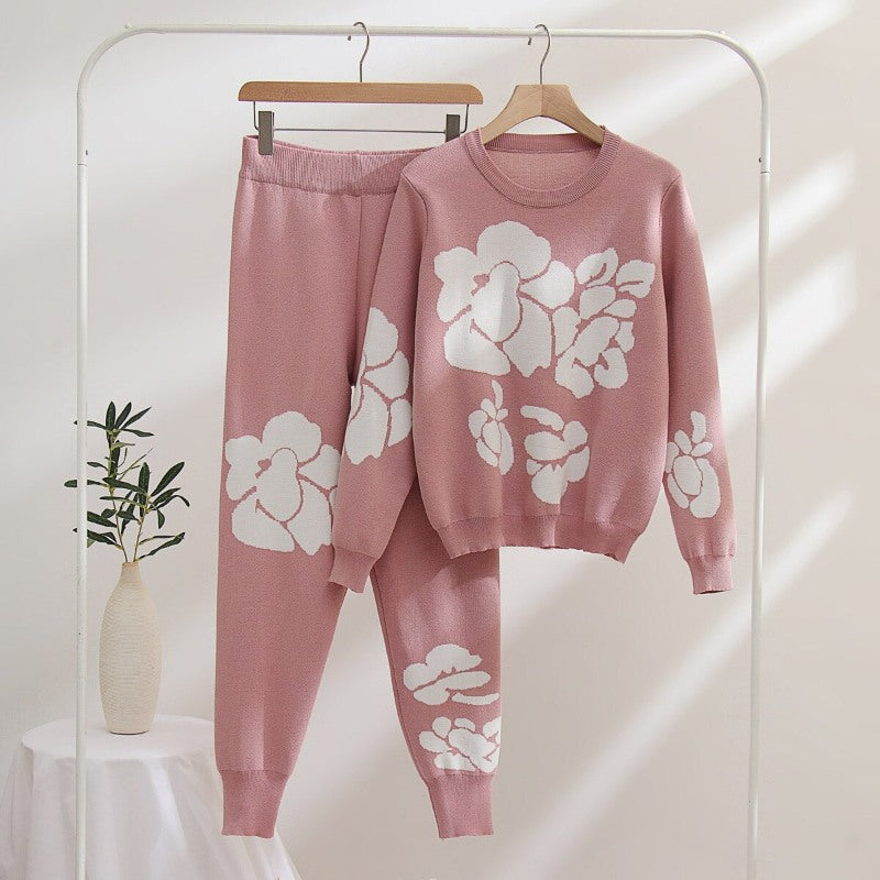 Casual Flower Printed Knitted Two-Piece Set For Women-Soco Hoodie