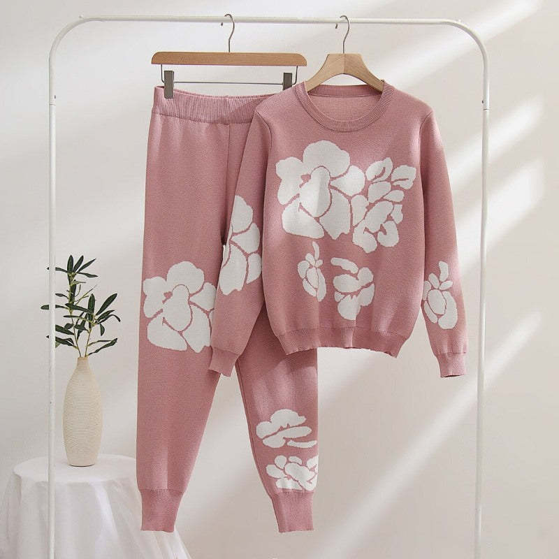 Casual Flower Printed Knitted Two-Piece Set For Women-Soco Hoodie