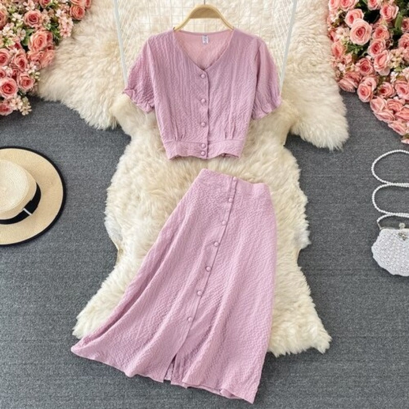 Retro Elegant Puff Sleeve Short Top With Skirt For Women-Soco Hoodie