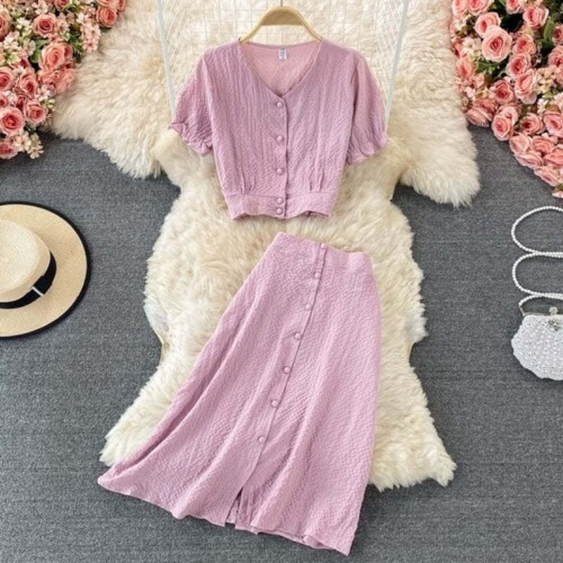 Retro Elegant Puff Sleeve Short Top With Skirt For Women-Soco Hoodie