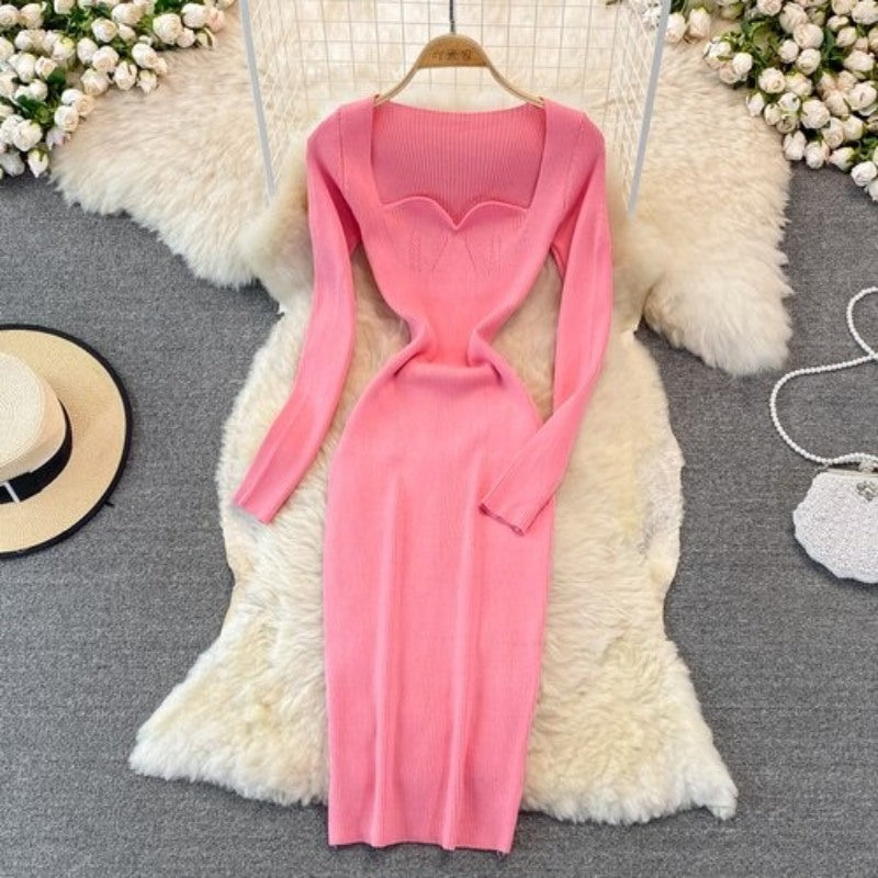 Elegant Low Neck Tight Stretch Knit Dress For Women-Soco Hoodie