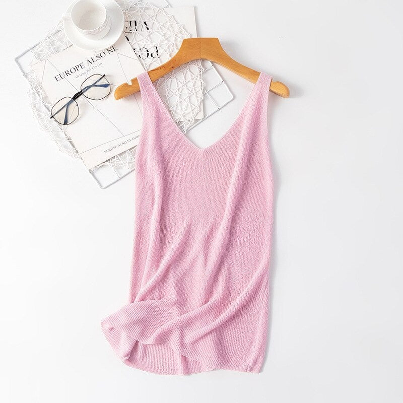 V-Neck Loose Bright Knitted Camisole Tanks For Women-Soco Hoodie