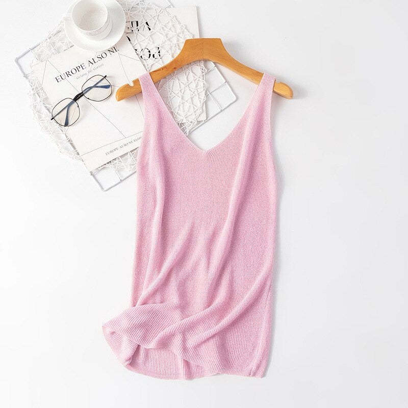 V-Neck Loose Bright Knitted Camisole Tanks For Women-Soco Hoodie