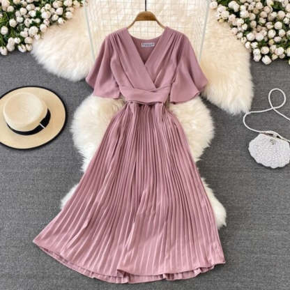 Elegant Solid Color V-neck Short Sleeve Dress For Women-Soco Hoodie