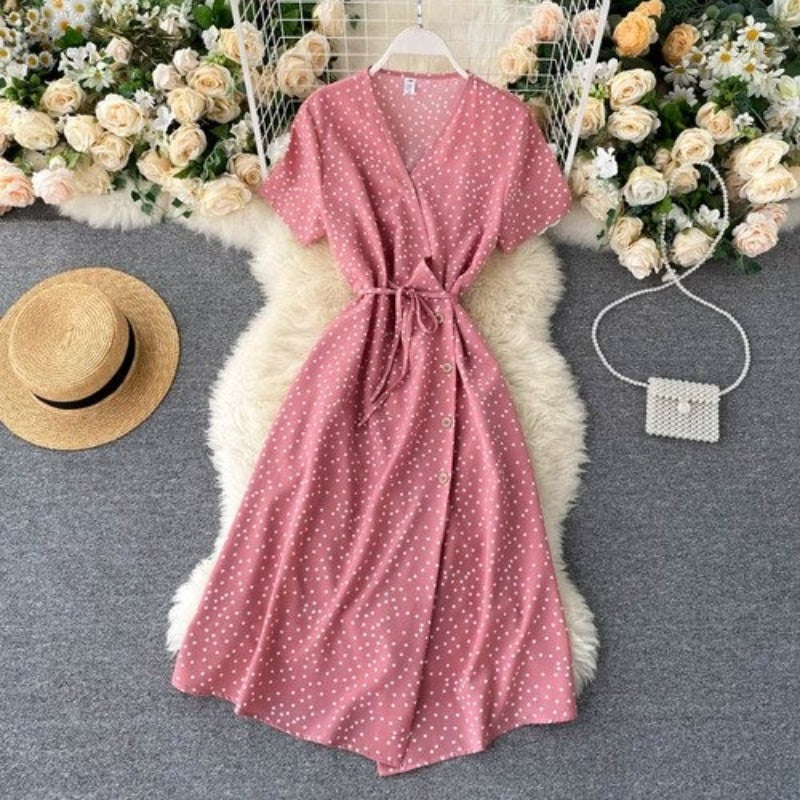 Korean V-neck Polka Dot Shorts Sleeve Dress For Women-Soco Hoodie