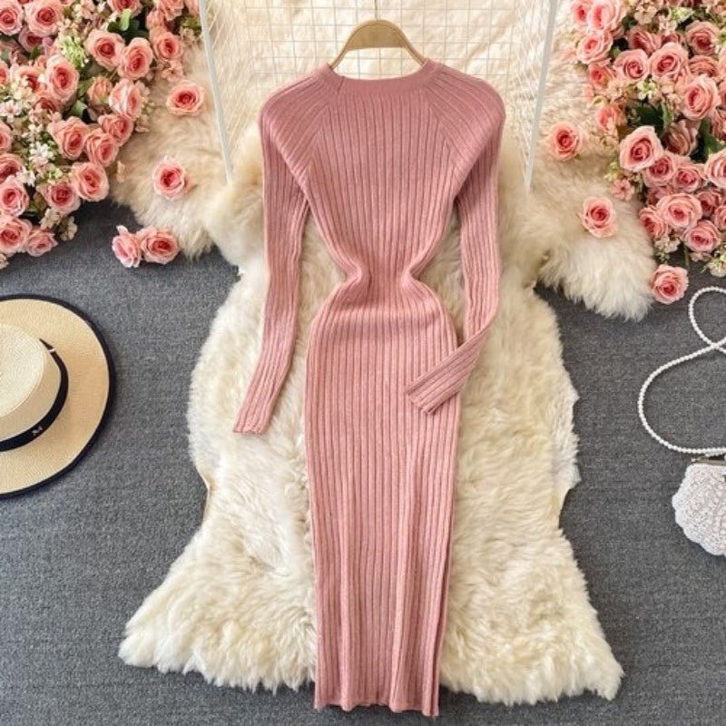 Bright Silk Elegant Knitted Long Sleeve Dress For Women-Soco Hoodie