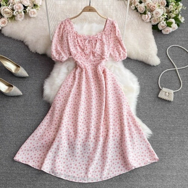 High Waist Floral Chiffon Short Sleeve Dress For Women-Soco Hoodie