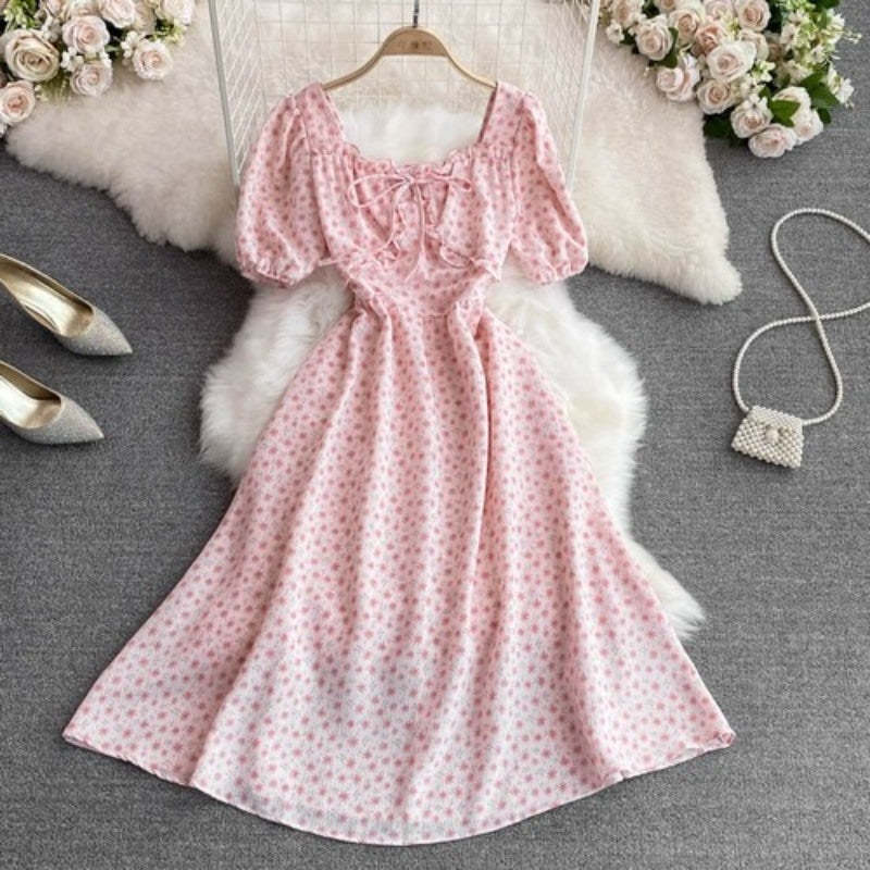 High Waist Floral Chiffon Short Sleeve Dress For Women-Soco Hoodie