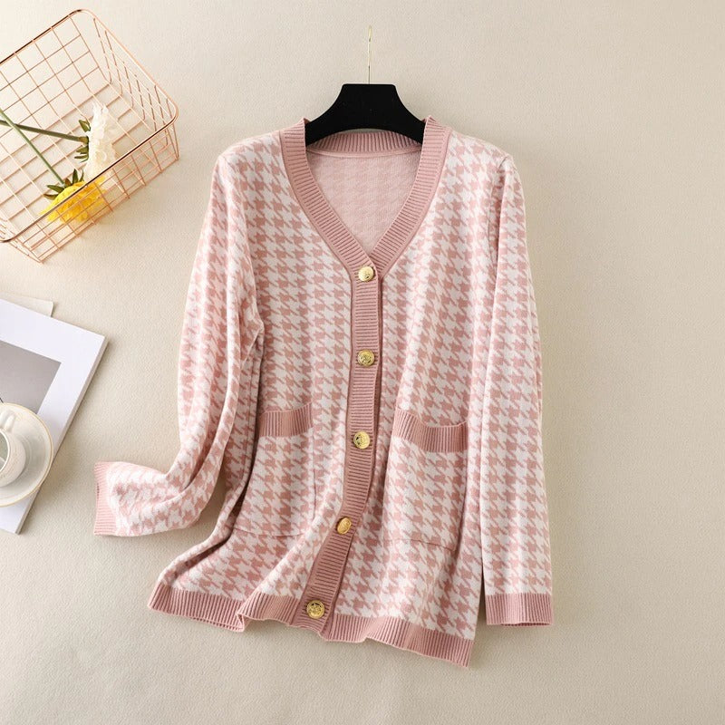 Elegant Houndstooth Knit Oversized Cardigan For Women-Soco Hoodie