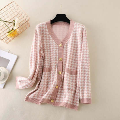 Elegant Houndstooth Knit Oversized Cardigan For Women-Soco Hoodie