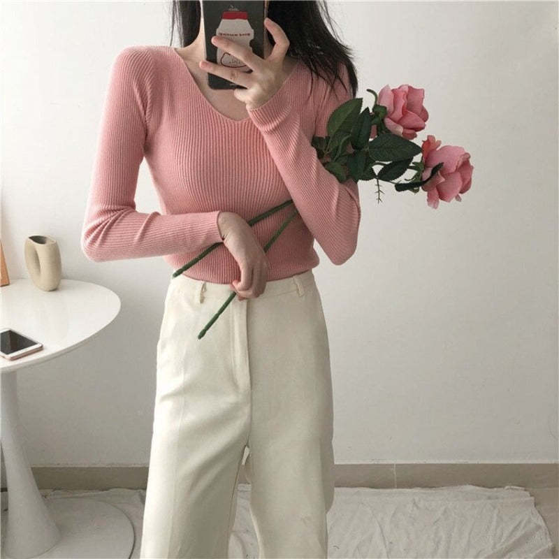 V-Neck Knitted Long Sleeves Skinny Pullovers For Women-Soco Hoodie