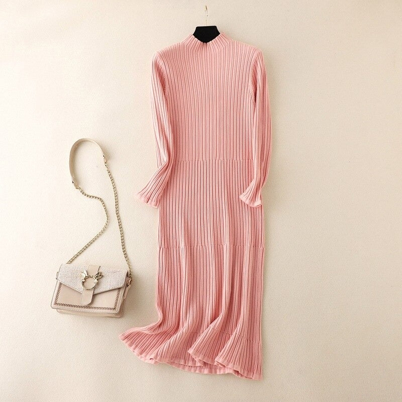 Pleated Mock Neck Knitted Sweater Dress-Soco Hoodie