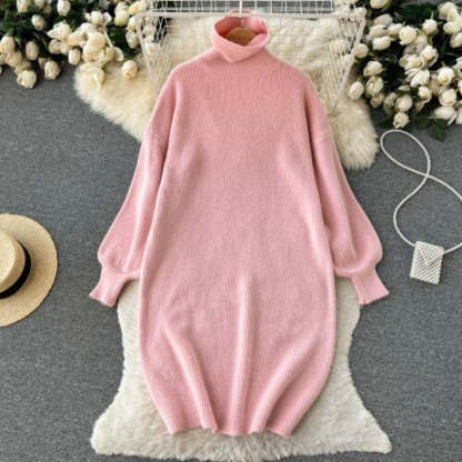 Loose Turtleneck Knitted Slim Long Woolen Dress-Soco Hoodie