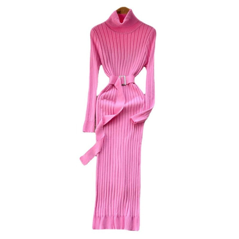 Knitted Waist Slimming Long Bodycon Dress With Belt-Soco Hoodie