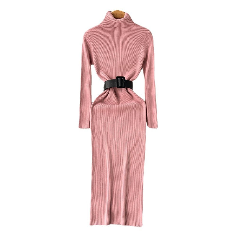 Women's Turtleneck A-Line Knitted Bodycon Dress With Belt-Soco Hoodie