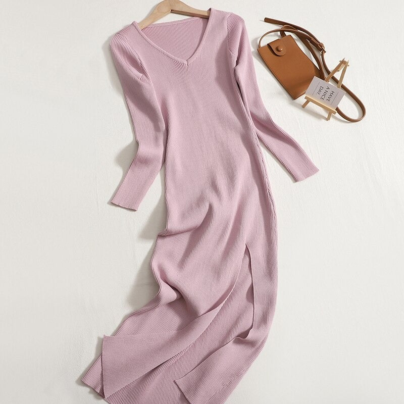 V-Neck Knitted Slim Long Sheath Knitted Dress-Soco Hoodie