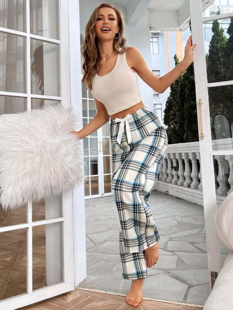 Plaid Print Bow Front Sleep Pants-Soco Hoodie