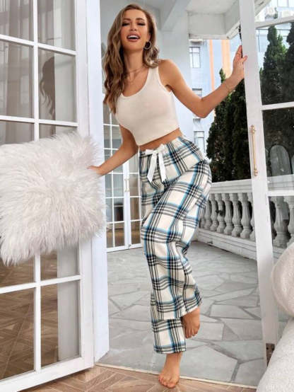 Plaid Print Bow Front Sleep Pants-Soco Hoodie