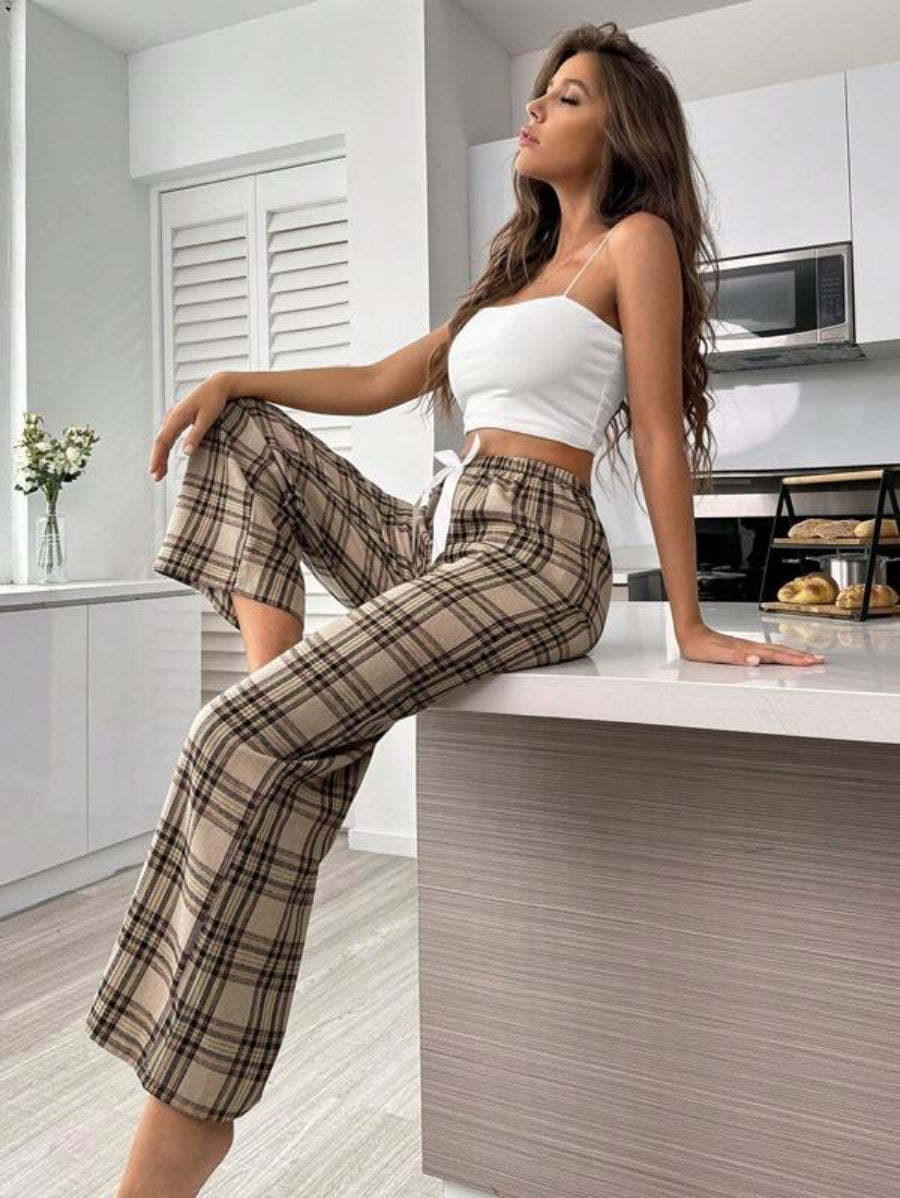 Plaid Print Tie Front Sleep Pants-Soco Hoodie