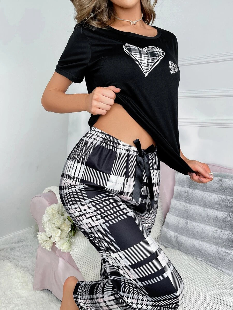 Plaid Print Knot Pajama Set-Soco Hoodie