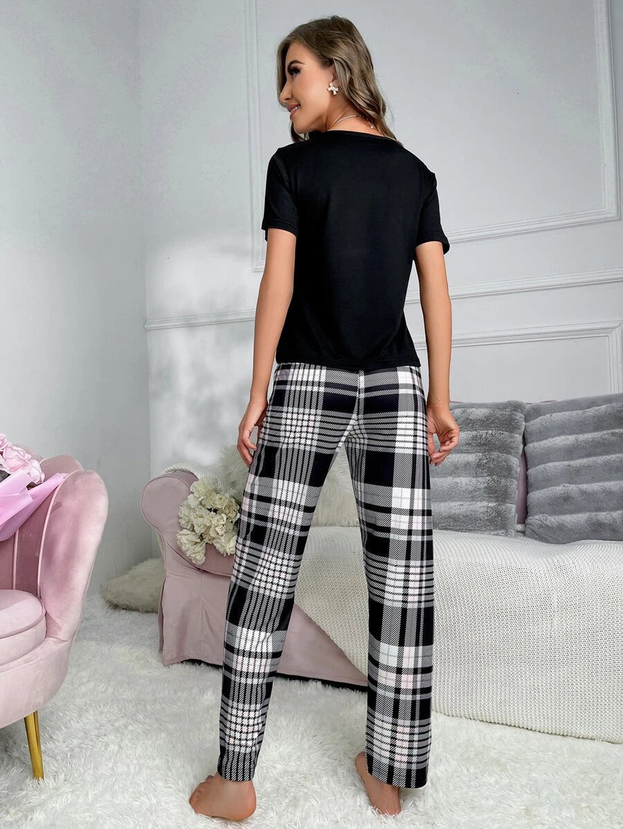Plaid Print Knot Pajama Set-Soco Hoodie