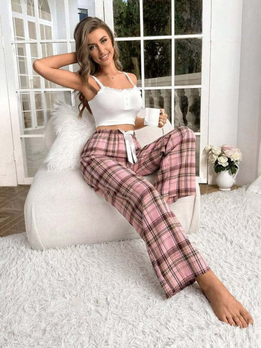 Plaid Printed Bow Front Sleep Pants-Soco Hoodie