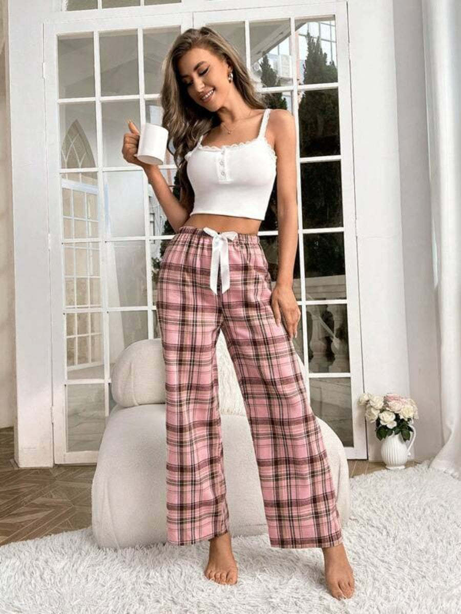 Plaid Printed Bow Front Sleep Pants-Soco Hoodie