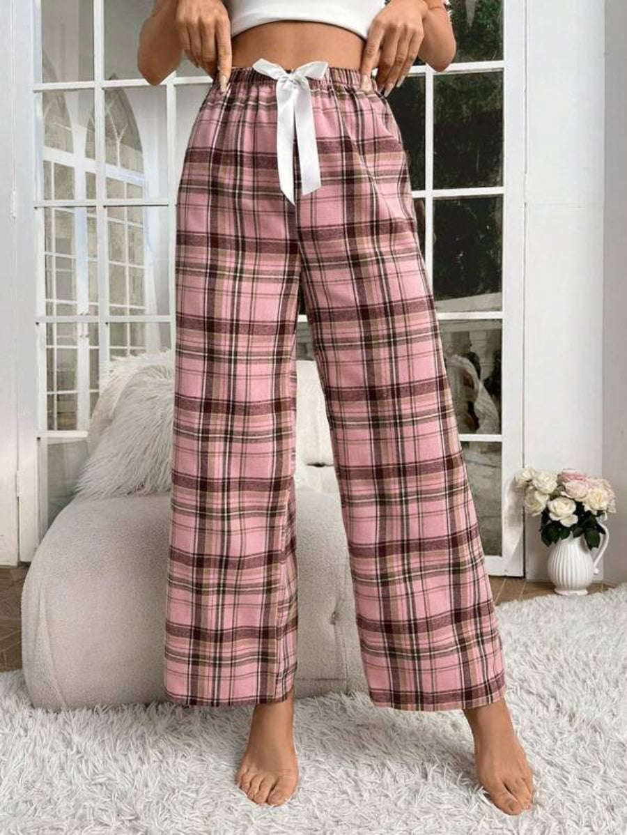 Plaid Printed Bow Front Sleep Pants-Soco Hoodie