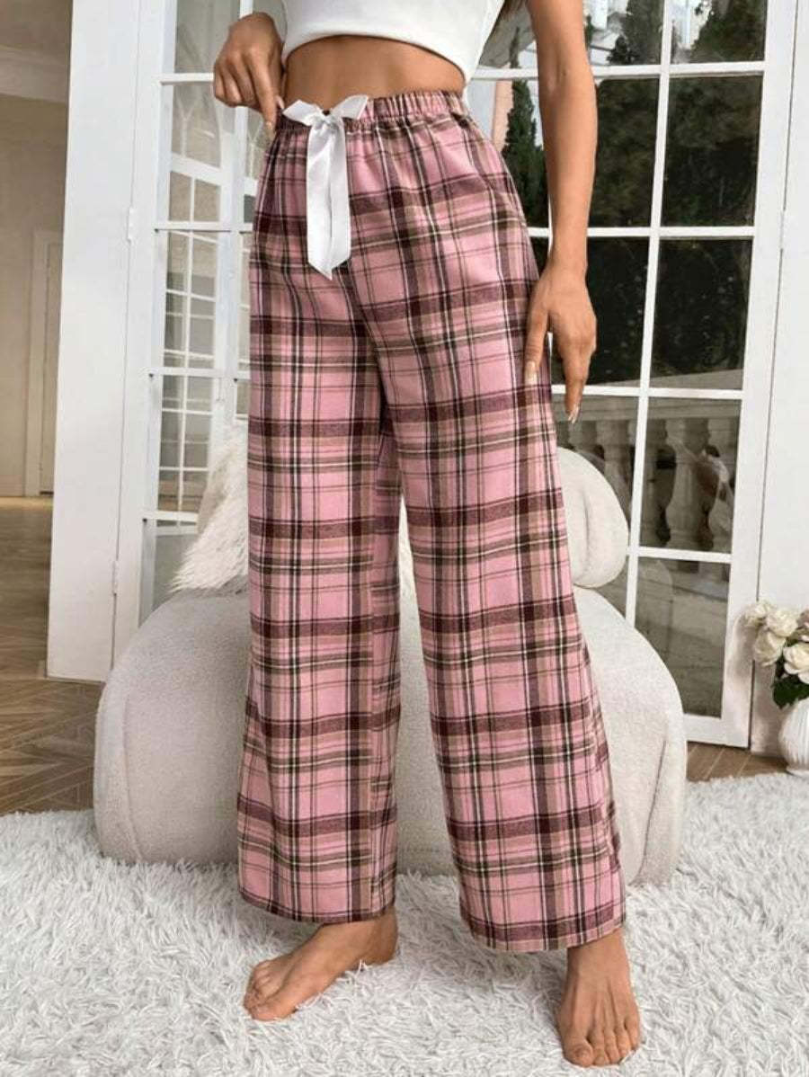 Plaid Printed Bow Front Sleep Pants-Soco Hoodie