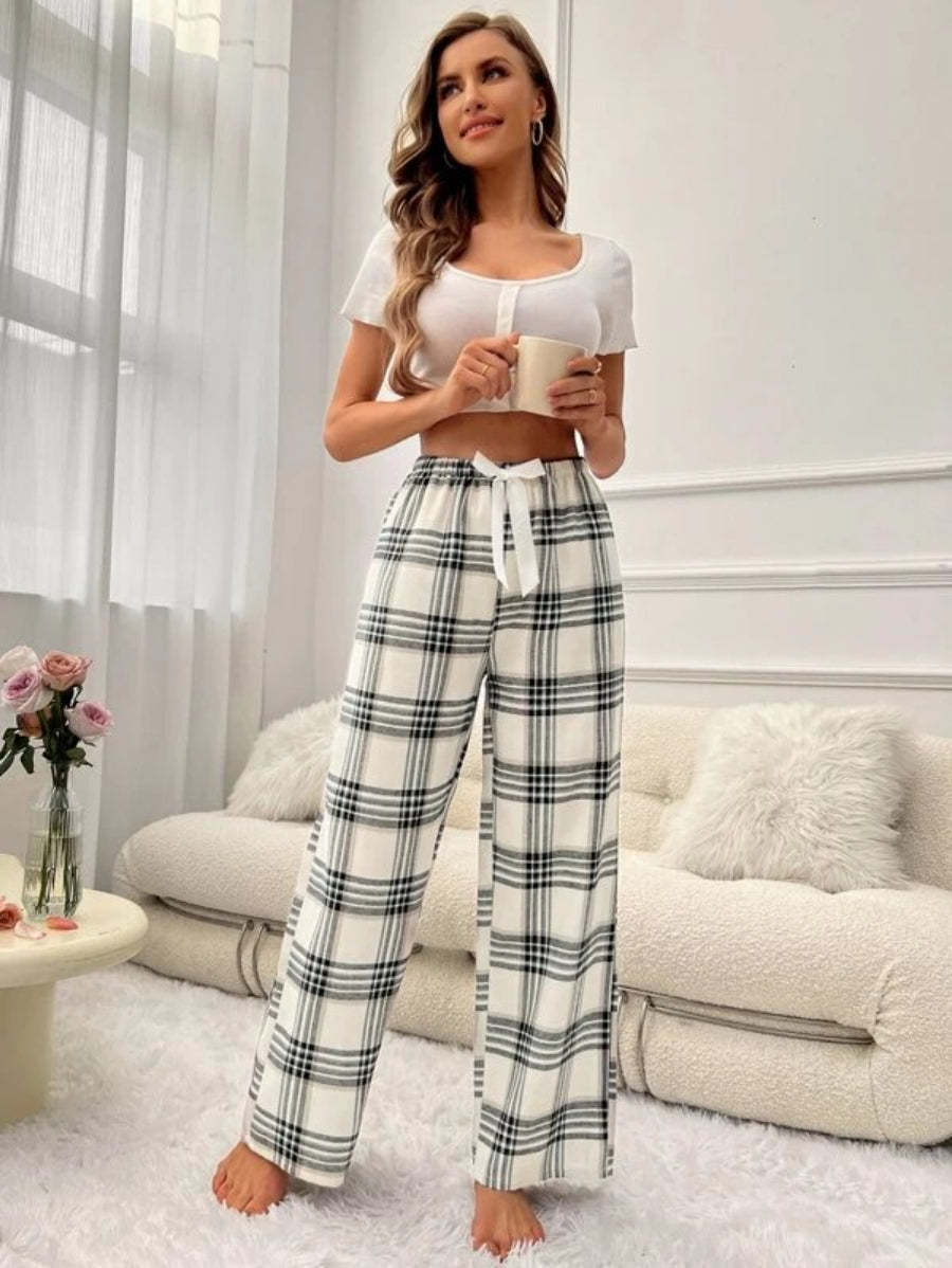 Plaid Printed Tie Front Sleep Pants-Soco Hoodie